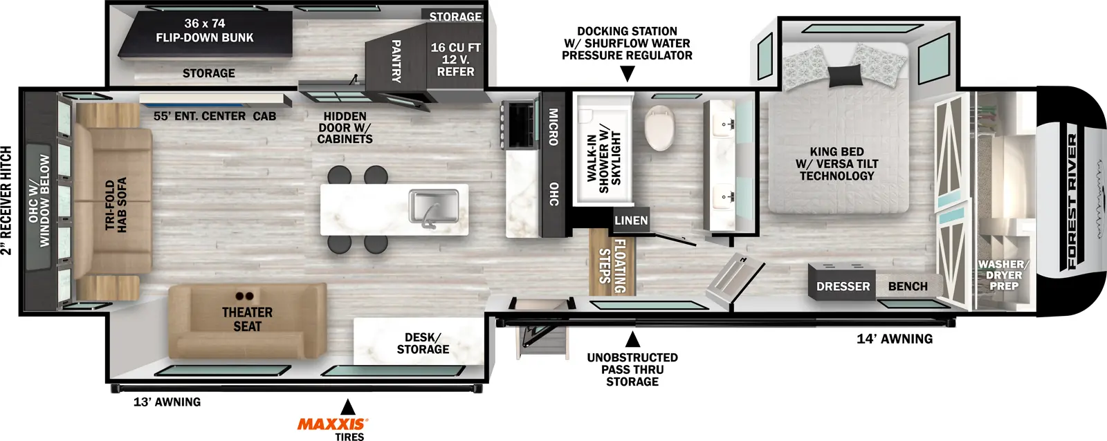 The Impression 318RL floorplan has one entry and three slide outs. Exterior features include: fiberglass exterior and 13' & 14' awning. Interiors features include: bunk beds, kitchen island, front bedroom and rear living.